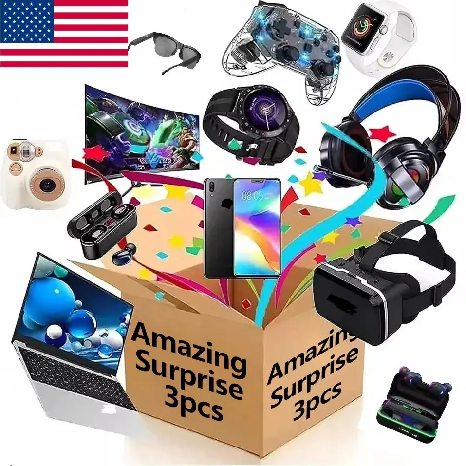 Three electronics items from one mystery box laid out to be split between two people