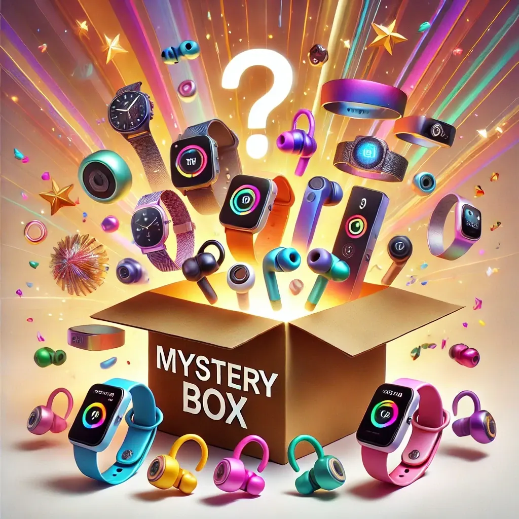 Mystery box with smartwatches and earbuds on a warm gold background
