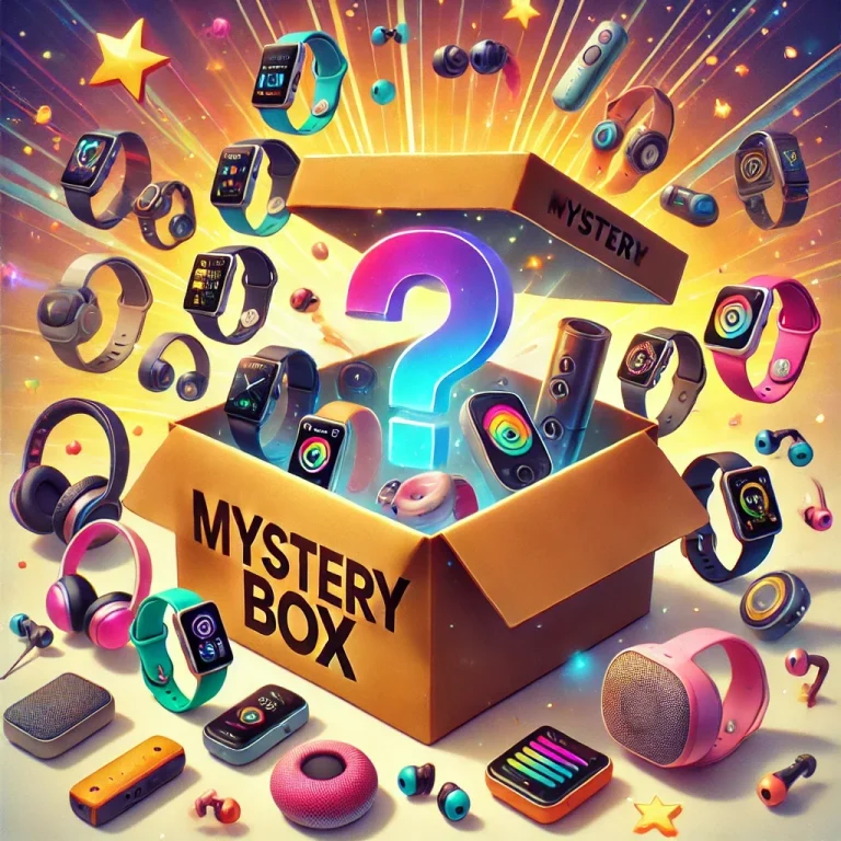 Opened electronics mystery box with smartwatches, earbuds and small gadgets around it