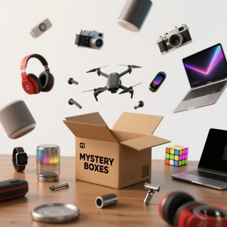 mystery boxes electronics desk display