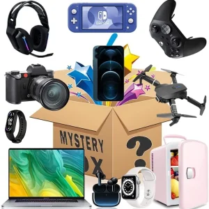 Electronics mystery boxes for sale with camera, laptop, drone and console