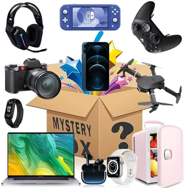 Electronics mystery boxes for sale with camera, laptop, drone and console