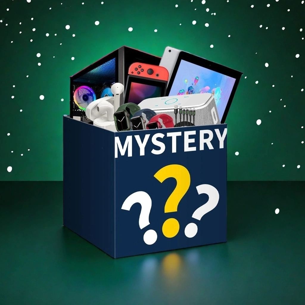 Navy and green mystery box on a plain background