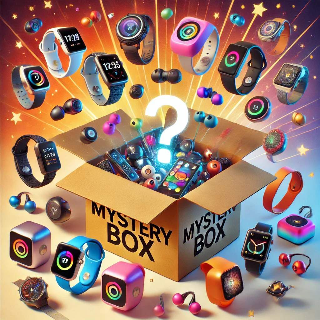 Open kraft mystery box showing several smartwatches