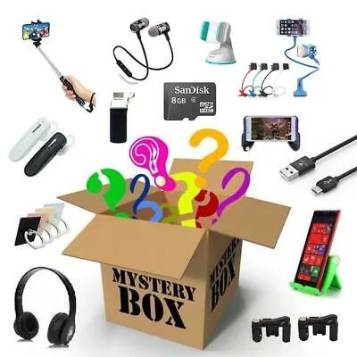 Phone accessories and small gadgets included in a two-item electronics mystery box