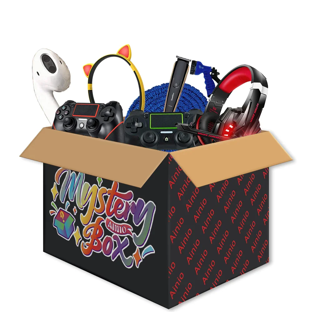 Open mystery box carton filled with game controllers, a headset and accessories