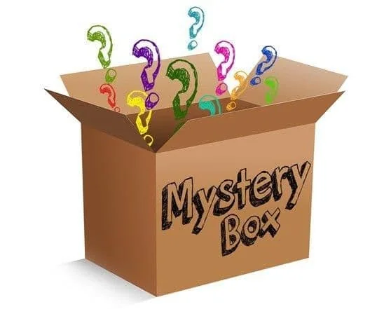 Illustration of a surprise box with question marks for the two-item mystery box