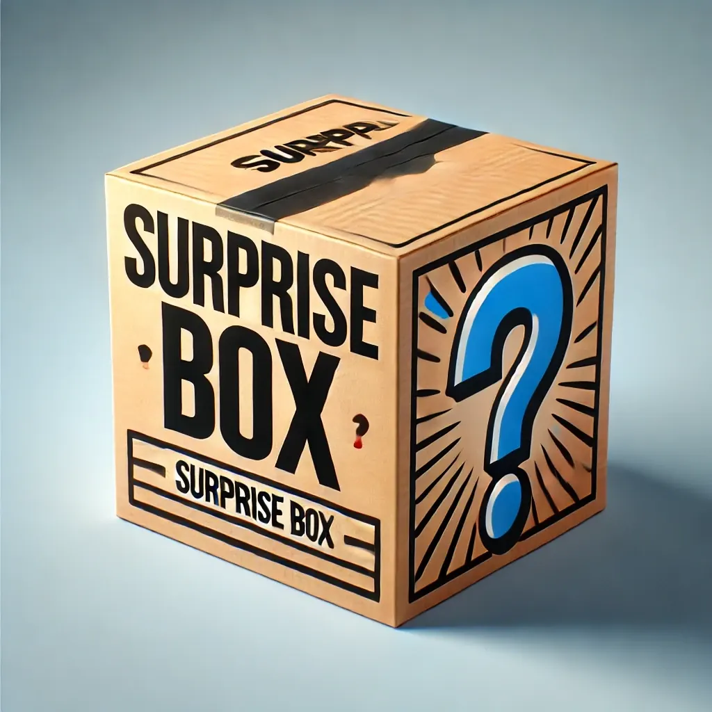 Sealed kraft surprise box with a blue question mark