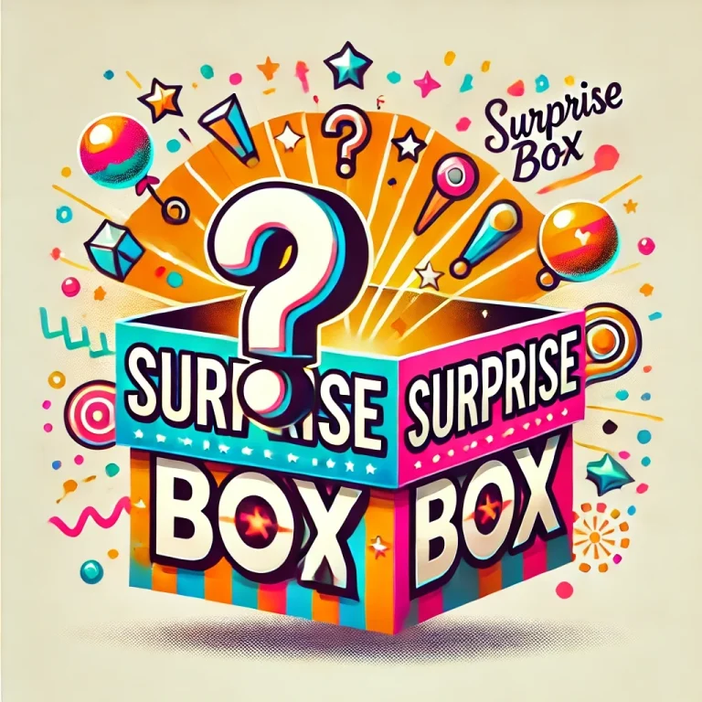 Surprise box with a rainbow burst of question marks