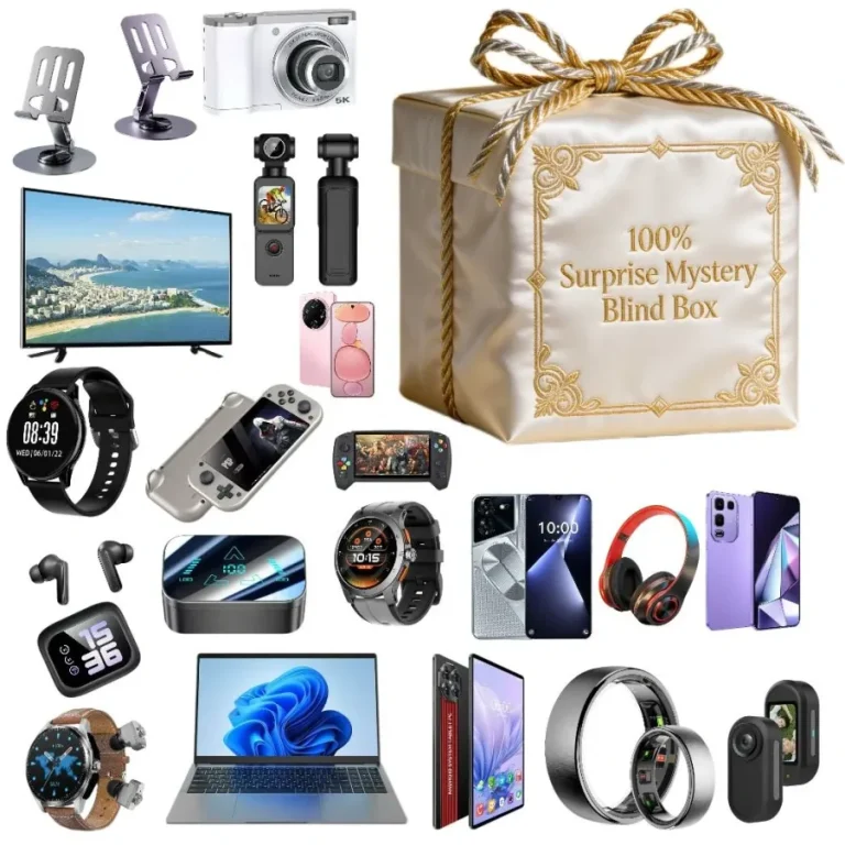 Mewoo surprise gift box with six tested electronics items in a gold satin box
