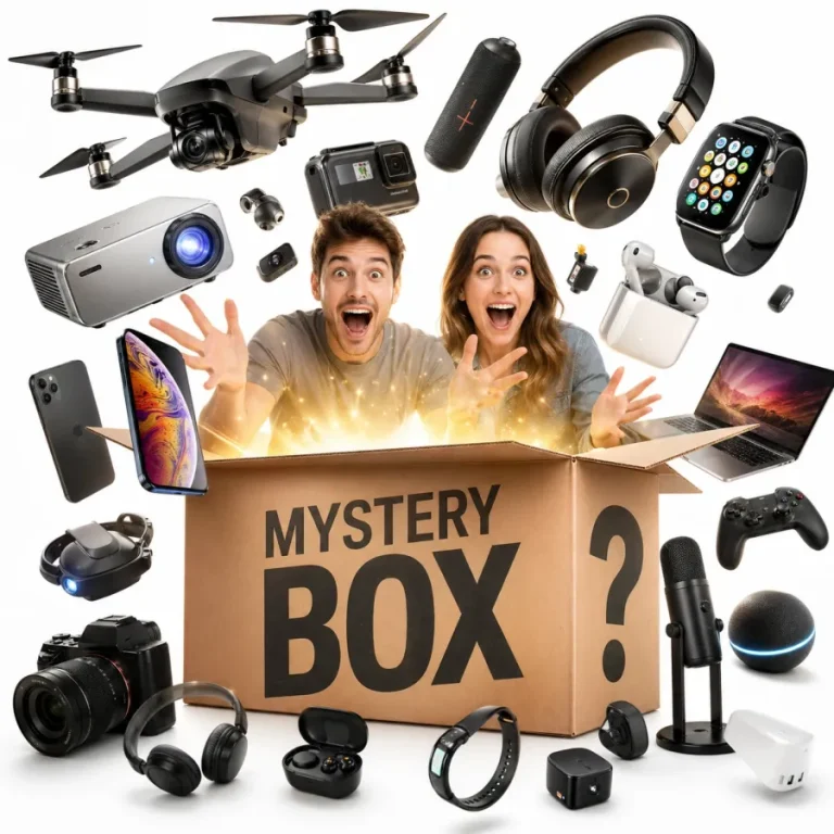 Couple revealing a Mewoo surprise gift box with eight electronics items