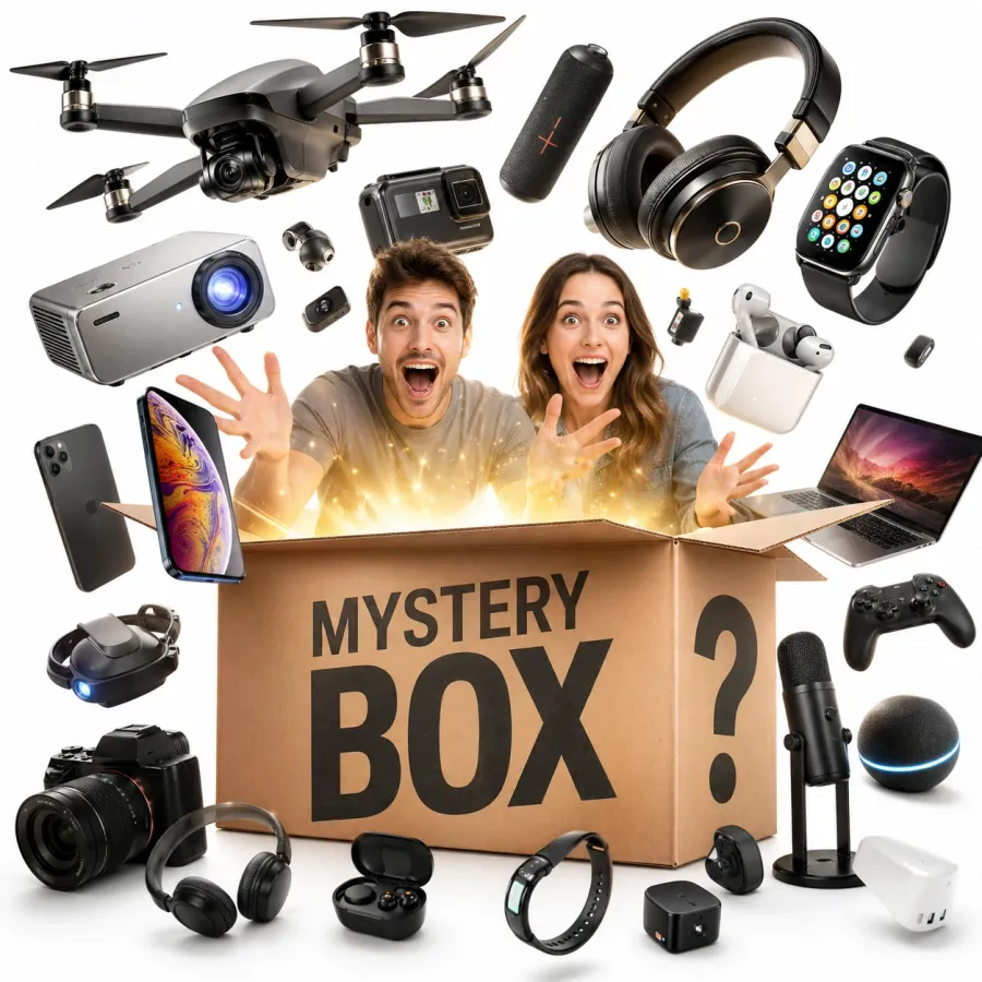 Couple revealing a Mewoo surprise gift box with eight electronics items