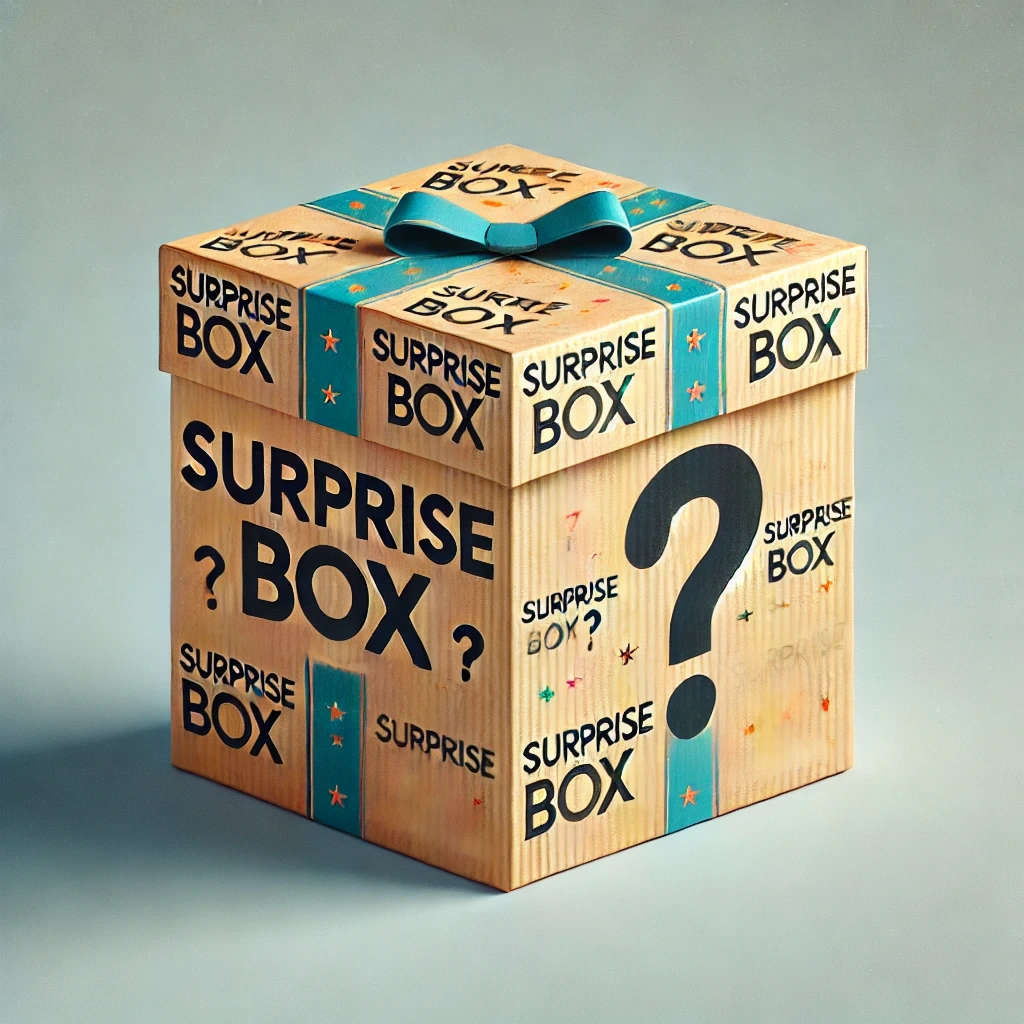 Surprise box tied with a teal ribbon on a plain background
