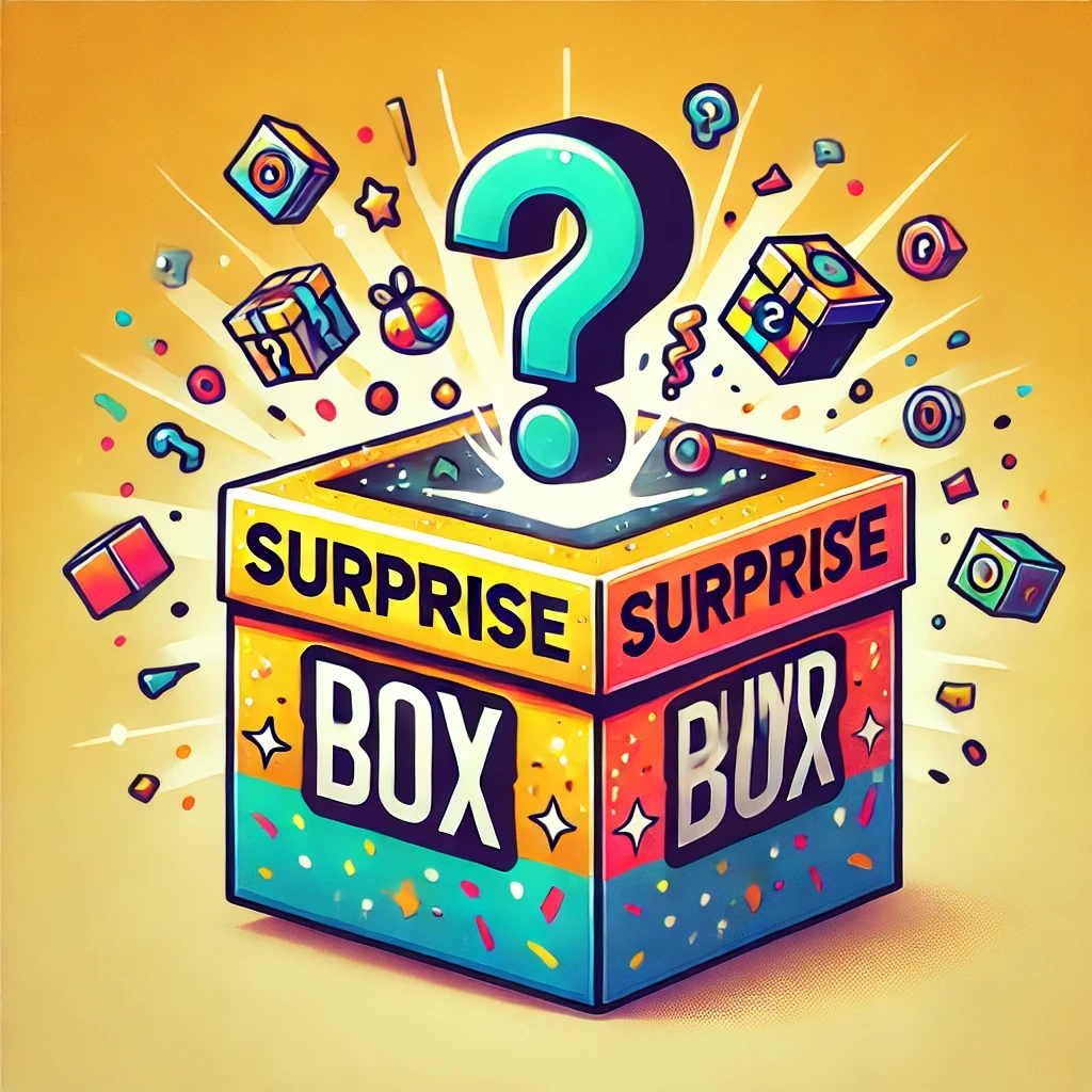 Teal surprise box decorated with question marks and small icons