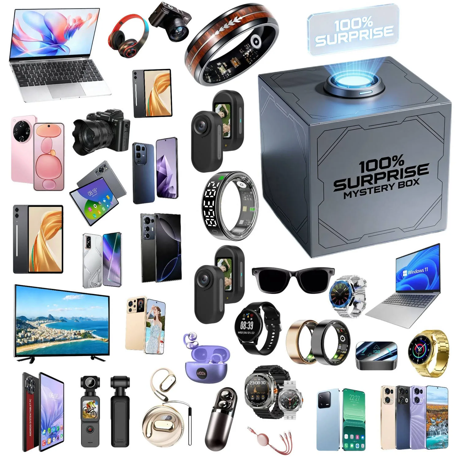 Grey metallic tech mystery box cube