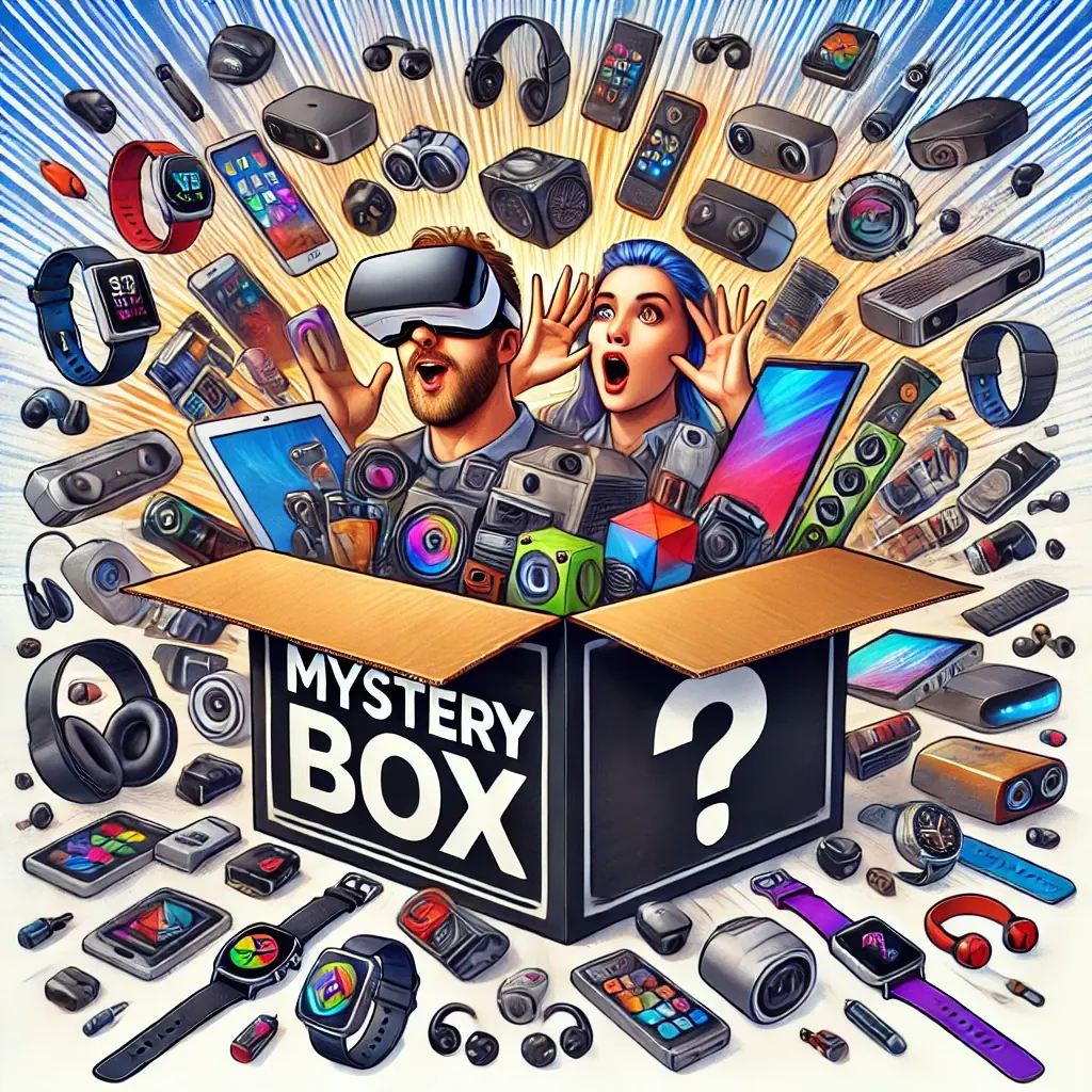 Exaggerated unboxing reaction with gadgets bursting from a mystery box