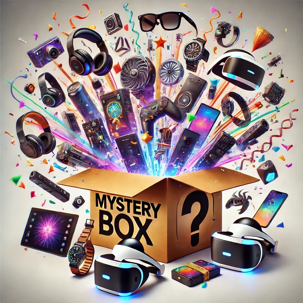 Mystery box with a VR headset and headphones bursting out
