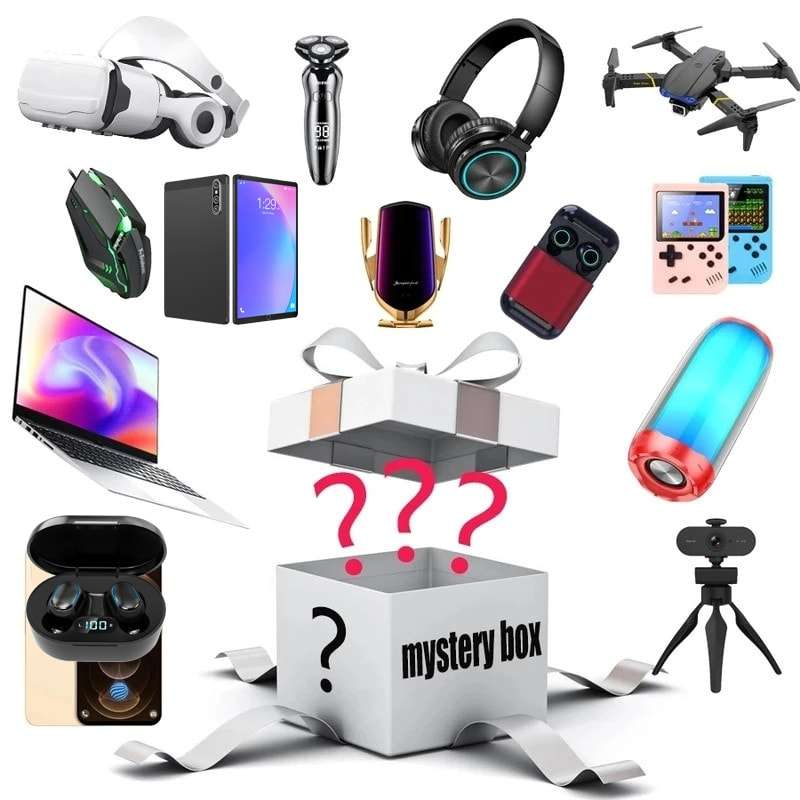 White gift-style mystery box with electronics and a ribbon