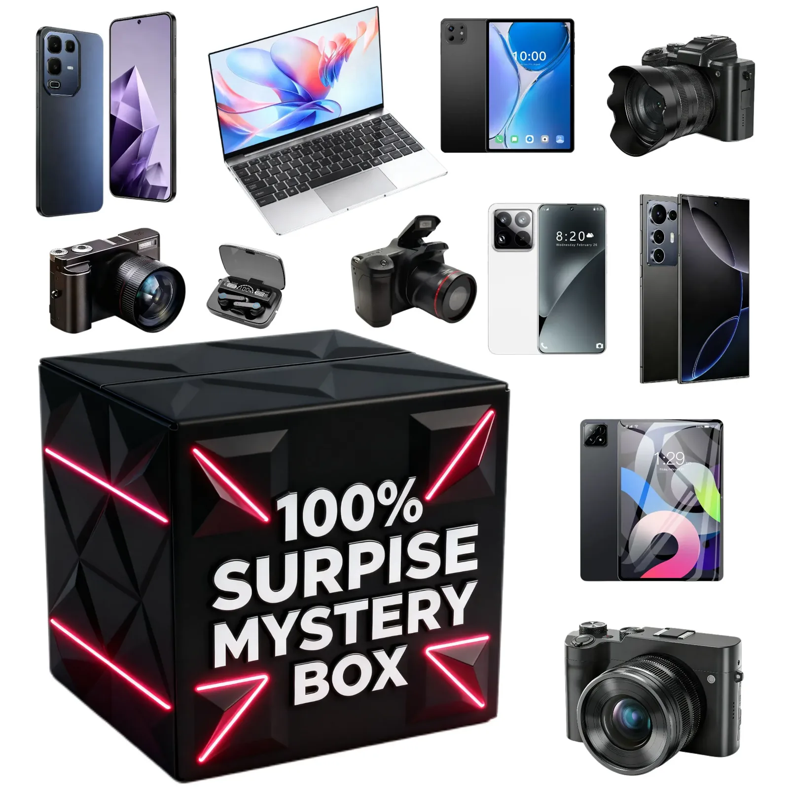 Black mystery box with neon-lit phones and cameras