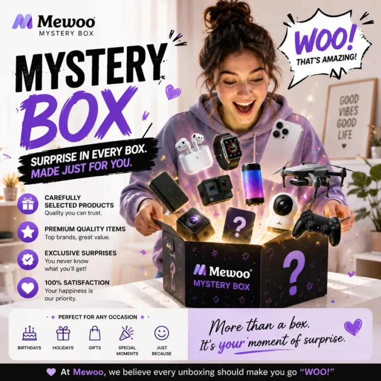 Woman unboxing a Mewoo women's electronics mystery box with three items