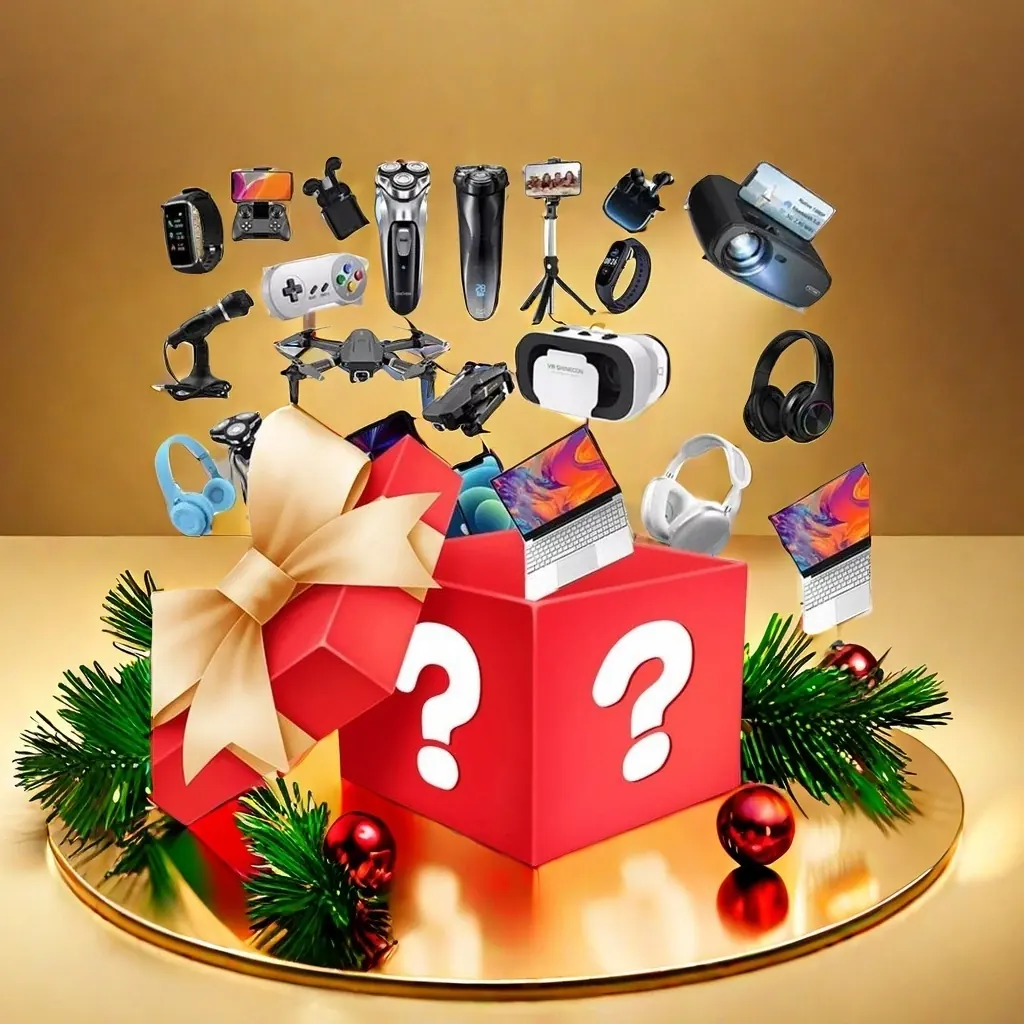 Gold wrapped electronics mystery box prepared for gift presentation